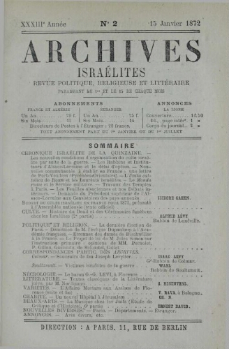 Archives israélites de France. Vol.33 N°03 (01 févr. 1872)
